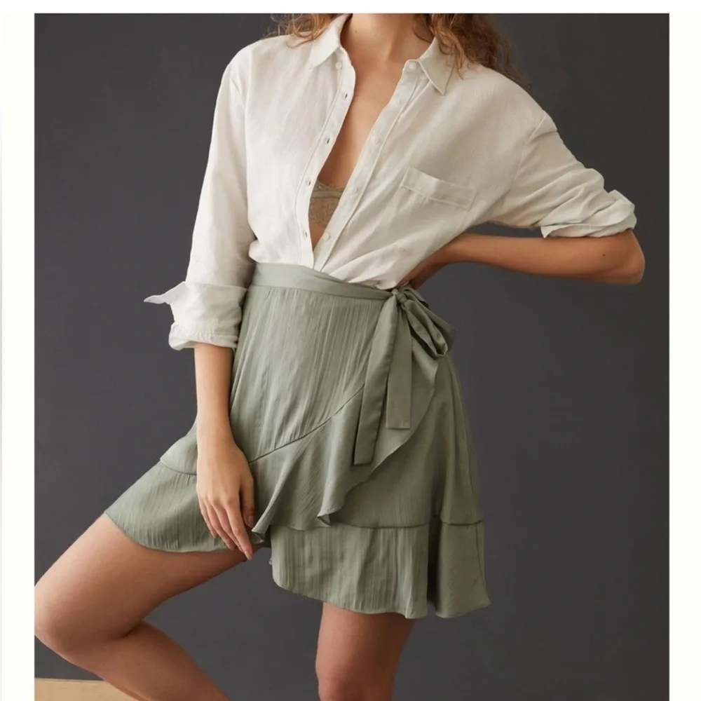 Maeve Anthropologie Ruffle Mini Skirt Moss Green Size XXS preloved